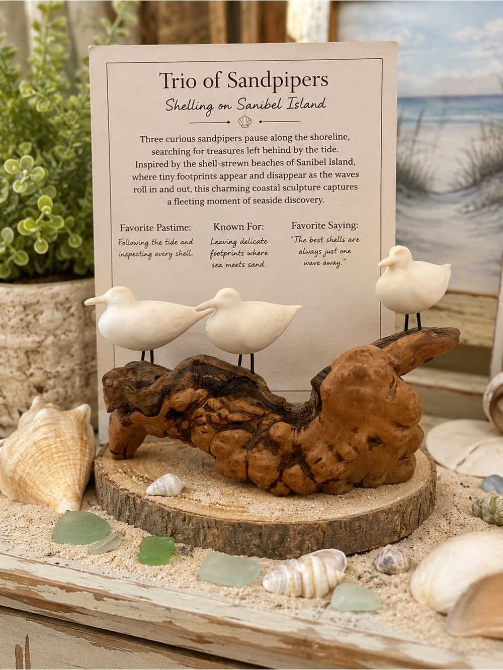 Coastal Sandpiper Trio Decorative Sculpture - White Sandpipers on Driftwood